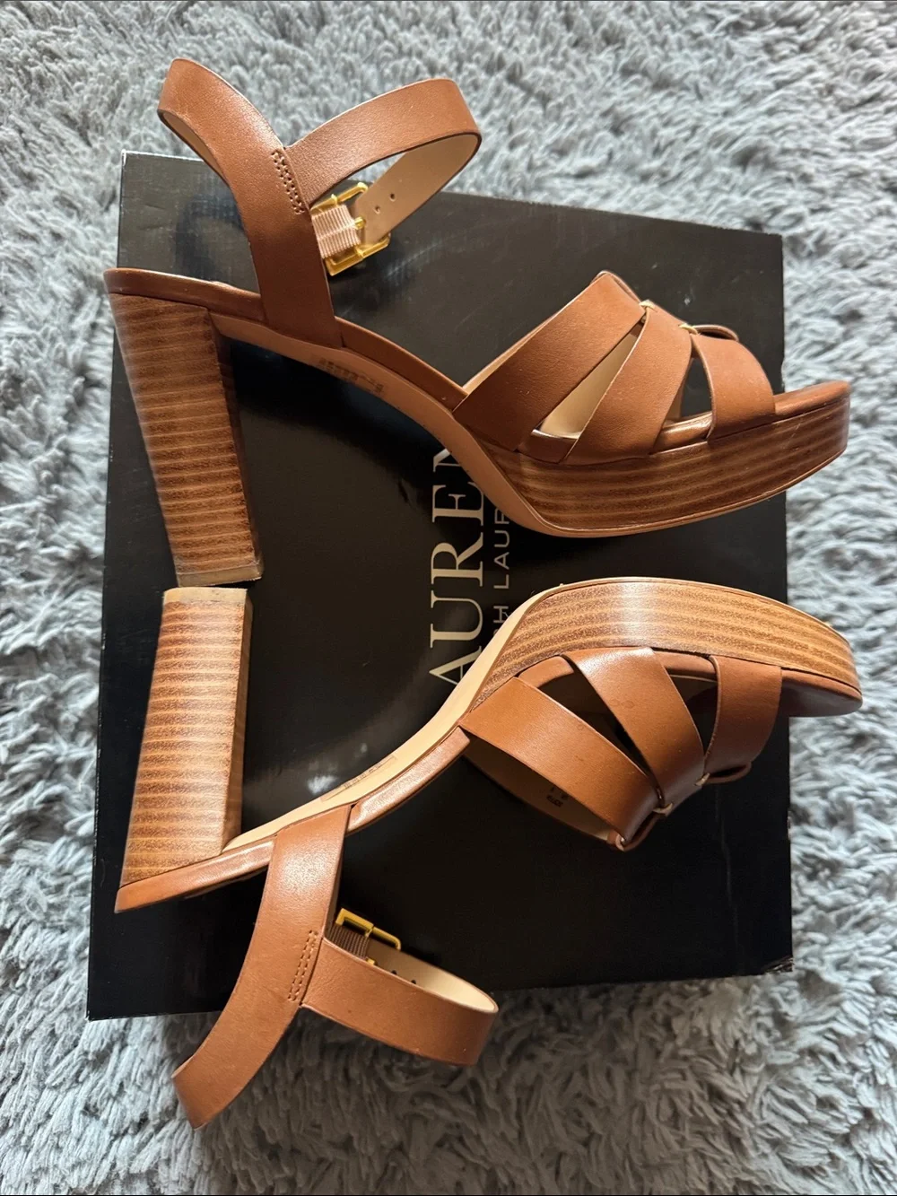 Lauren Ralph Lauren Soffia Tan Leather Strappy Block Heel Sandals Size 9